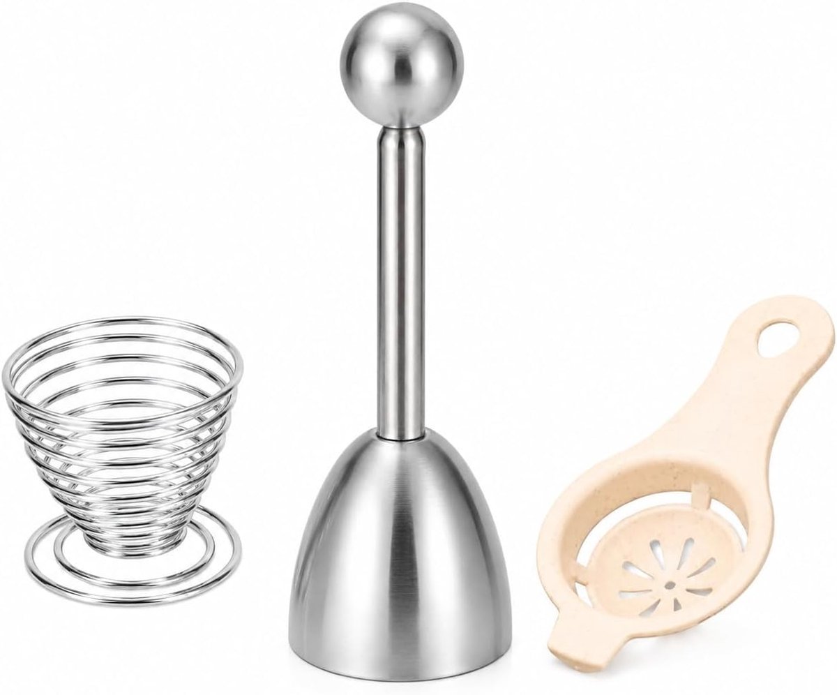 3-Delige Eieropenerset, RVS Eierschaalopener Met Eierdop en Eierscheider | Netjes Openen en Scheiden: 3-Delige set in Zilver, RVS Opener 13,2 cm, Eierdop 5 cm en Scheider 12 cm Voor Ontbijt en Bakken.