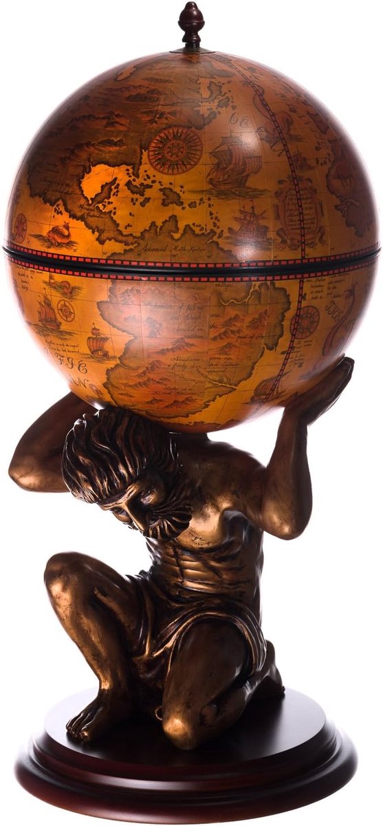 barwagen JG 42016R-GR, exclusief figuur Atlas, met eucalyptushouten bodem antiek roodbruin, geopend 100 cm hoge wereldbol globe bar, bartafel, huisbar, cocktailbar