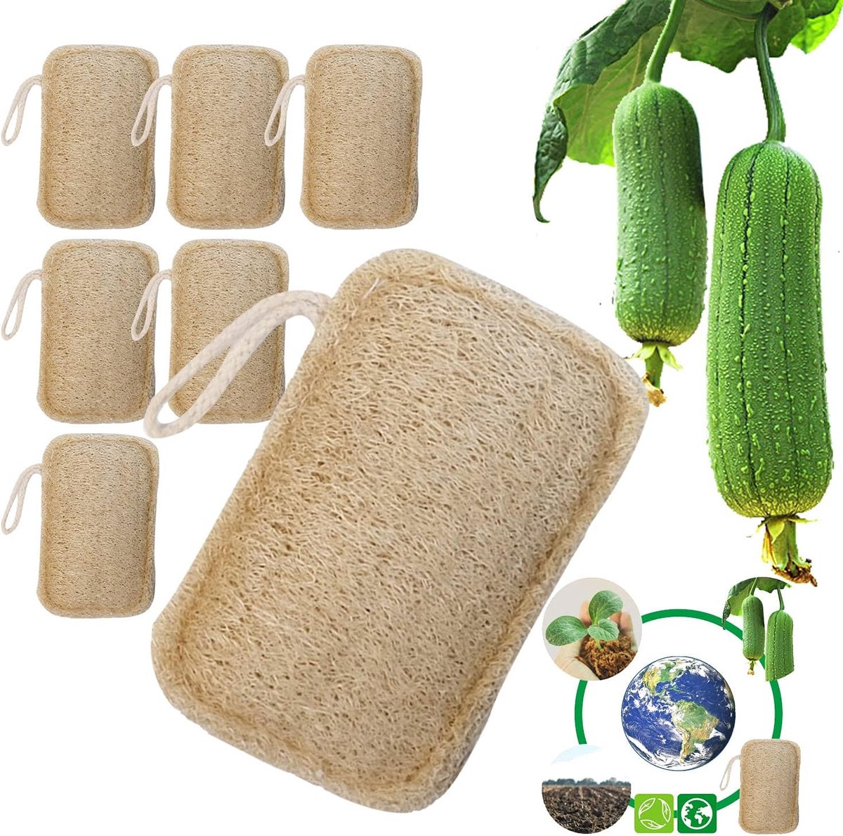 6 stuks biologische luffa-spons, scrub, biologisch afbreekbaar en composteerbaar, voor keuken, badkamer en camping