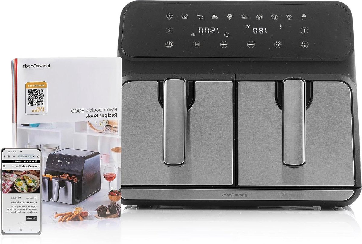 Dubbele Airfryer - Heteluchtfriteuse Frituurpan - Gezond Koken - Twee Manden - 8 Liter - Zwart RVS