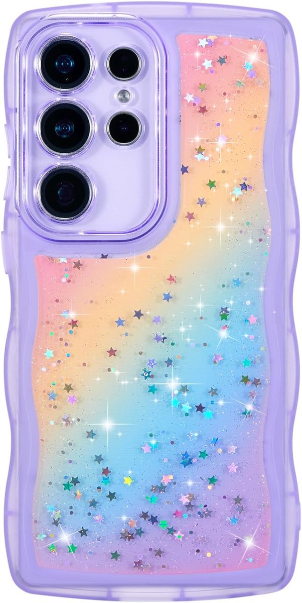 Glitterhoes voor Samsung Galaxy S21 Ultra 5G (6,8 inch), schattig golfframe, fonkelende sterrenpatroon, esthetische telefoonhoes, transparante stootvaste TPU-zachte beschermhoes
