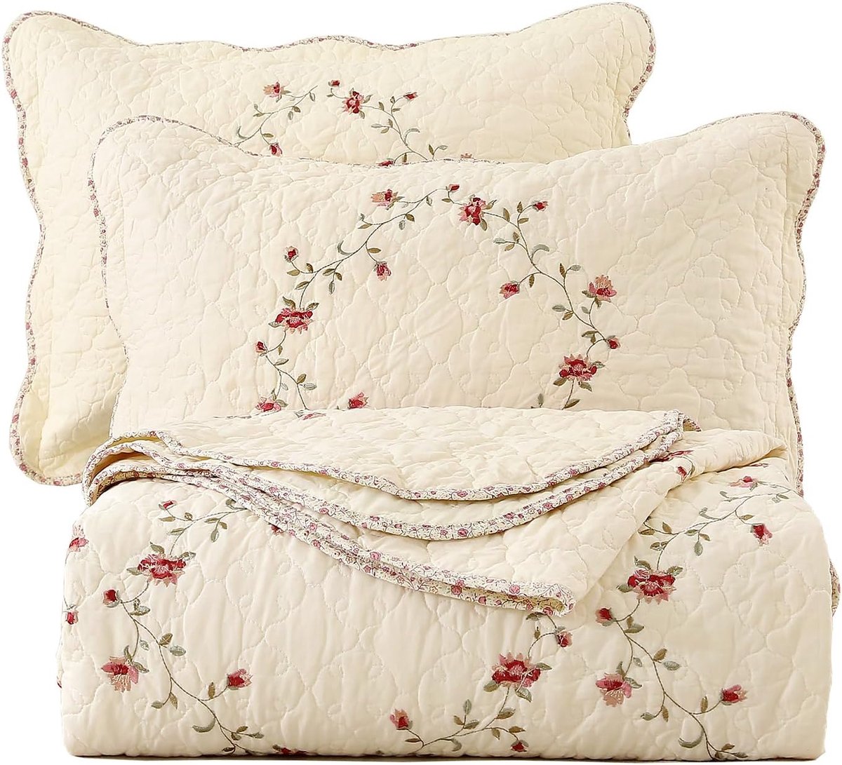 vctops 3-delige elegante bloemen geborduurde sprei sprei set 100% katoen omkeerbaar patchwork 1 dekbed en 2 kussenslopen volledig/koningin, bloem