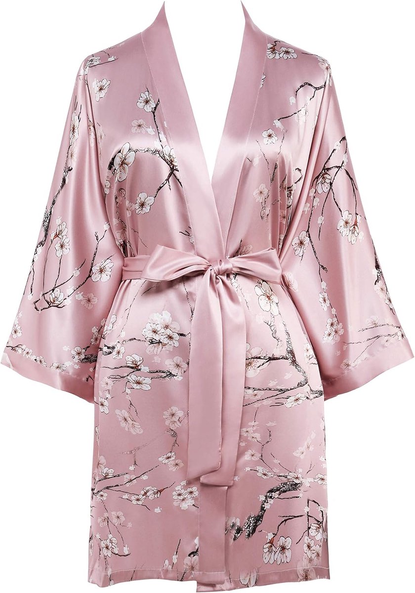 Dames ochtendjas met bloemenprint, zomer, badjas, kimono, korte robe, lichte slaapjas, satijnen strandjurk