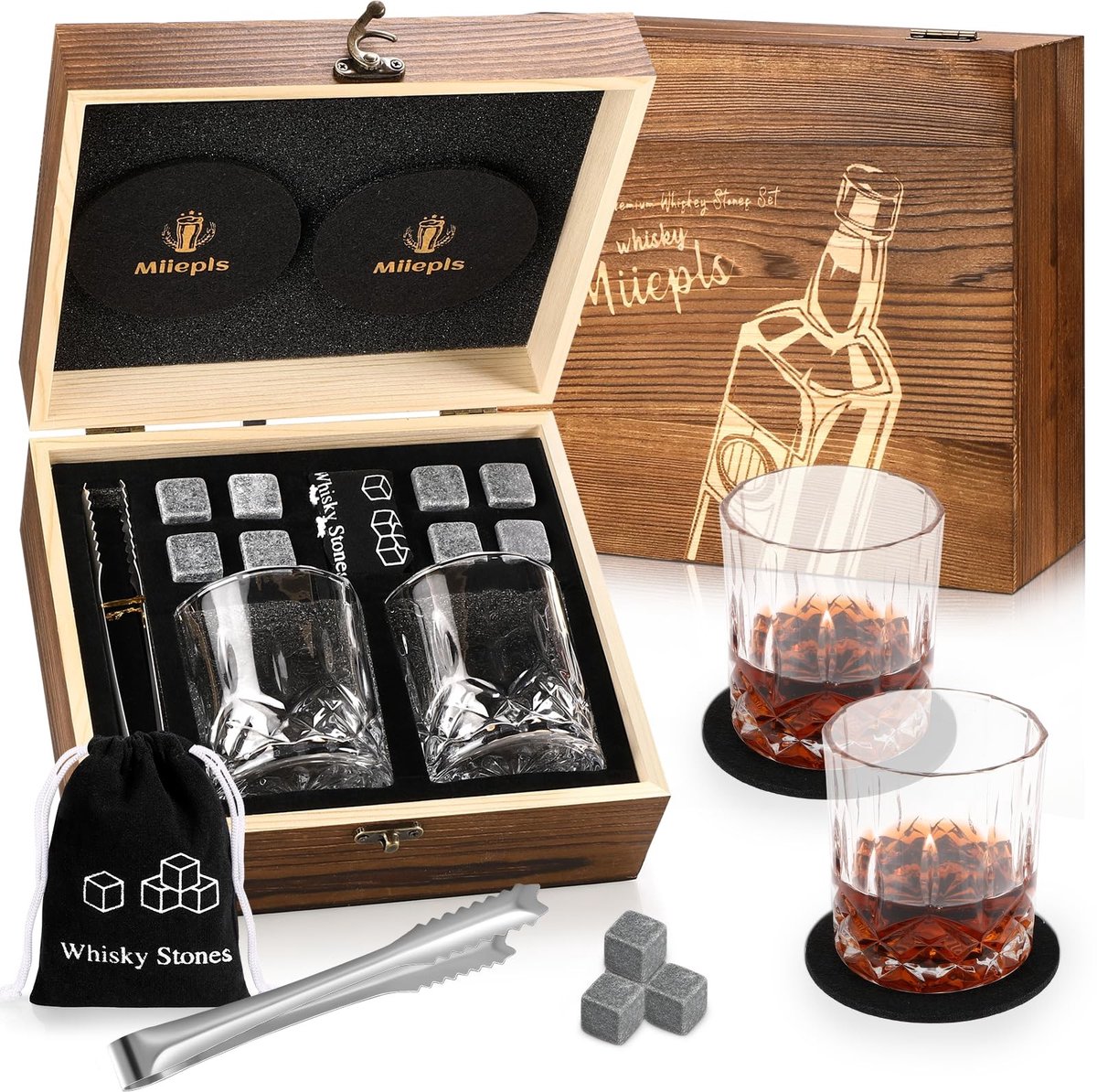 Omgoods - Luxe Whiskey Giftset met Glazen en Stenen