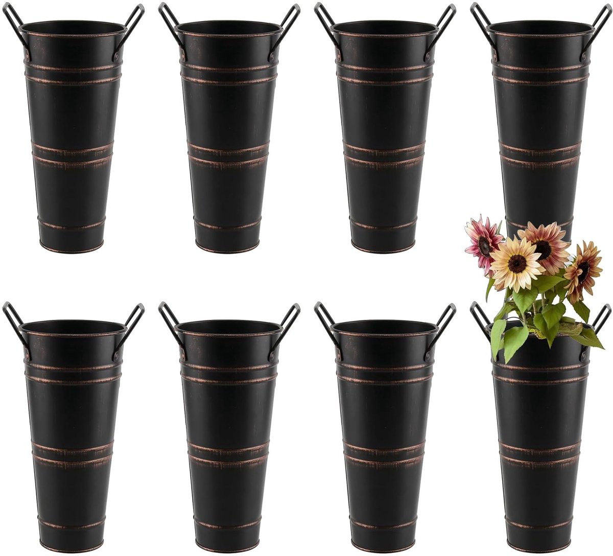 Omgoods - Set van 8 Gegalvaniseerde Metalen Bloemenvazen met Handvatten