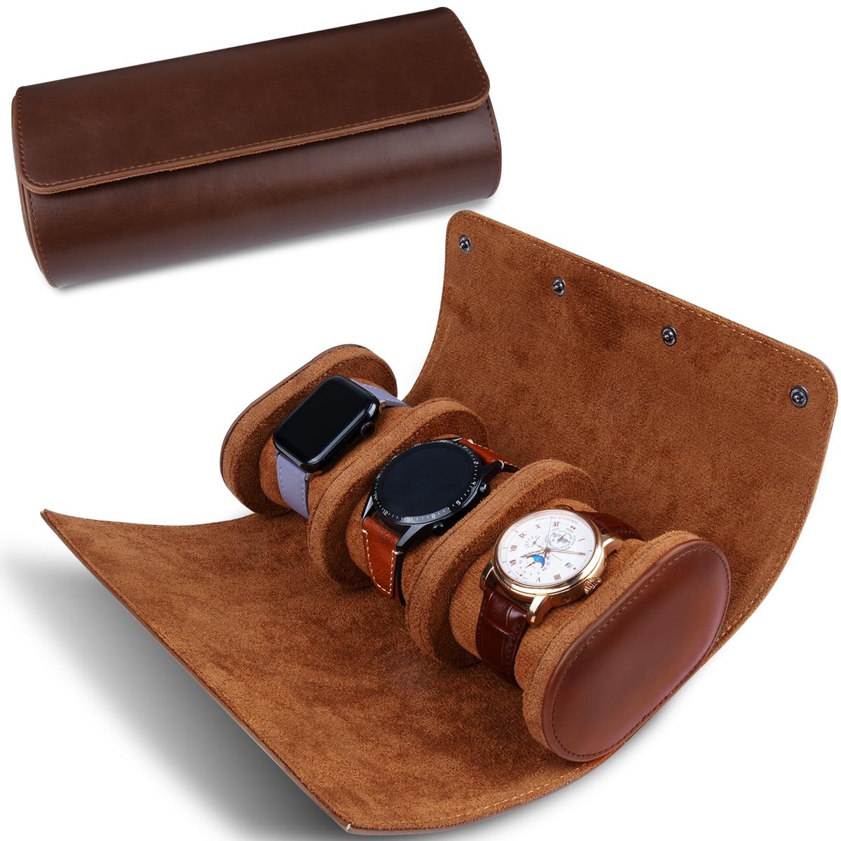 Omgoods- Horloge Case - 3 Slots - Cilindrische Reisklokrol - Vintage Horloge Doos - Heren/Dames - Zacht Kussen voor Bescherming - Horlogerol