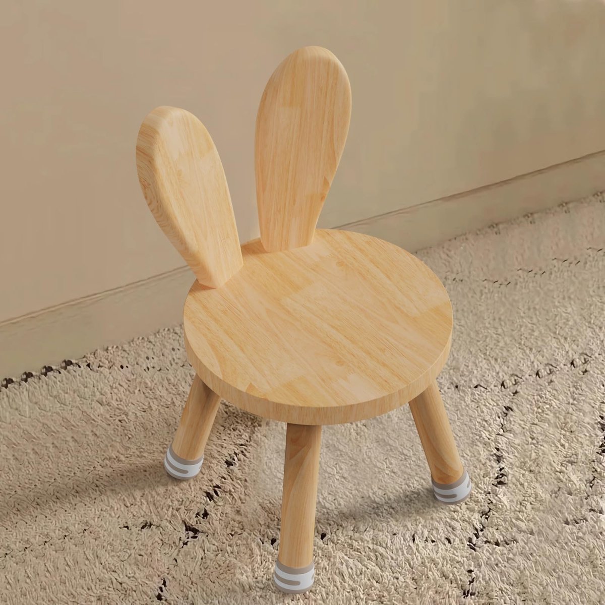 Omgoods- Kinderstoel Houten - Rugleuning met Haasoren - Antislip Rubberen Voetjes - Massief Hout - 45 x Ø 26 cm - Voor Kinderen vanaf 3 Jaar - Kindertafelstoel