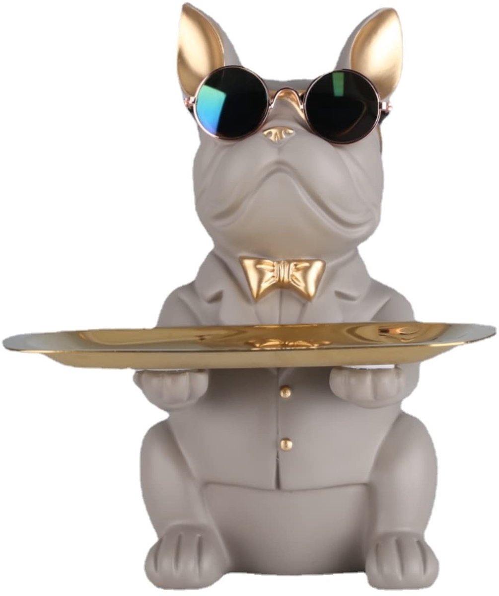 Bulldog beeld met dienblad - decoratief - 1 stuk - 19x20x23,5 cm