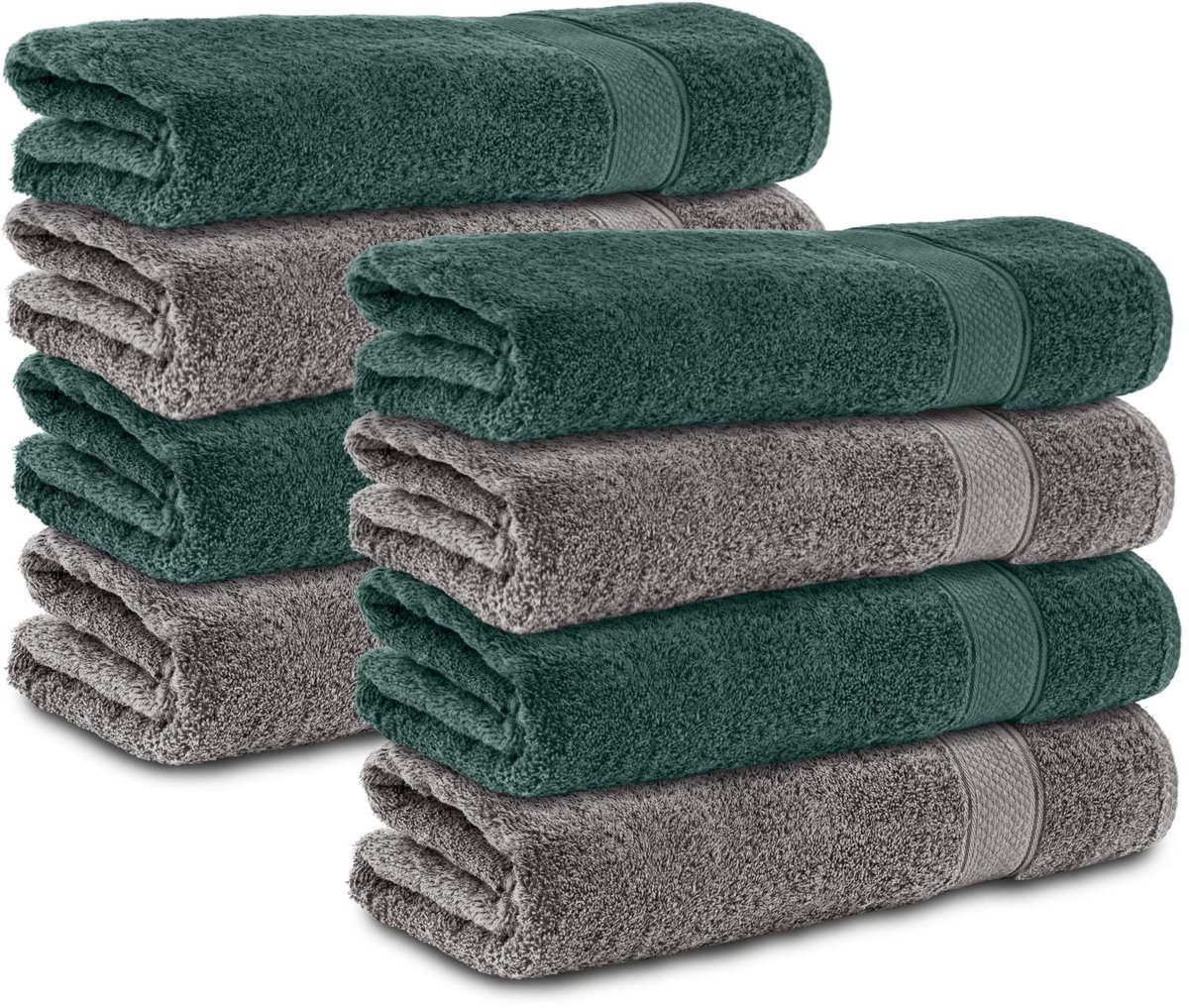 Omgoods - Set van 8 Handdoeken 50x100 cm 100% Katoen - Antraciet/Donkergroen