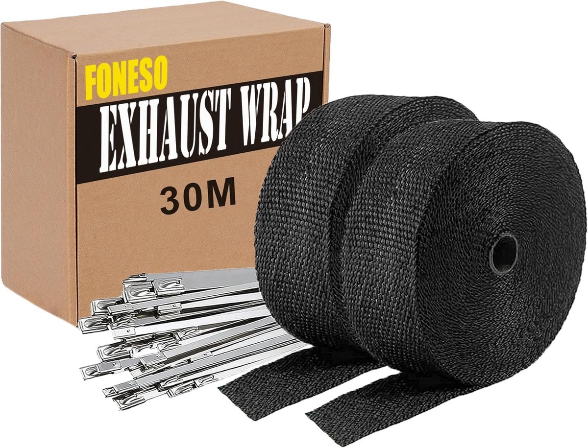 Exhaust Tape 30M, Foneso Heat Protection Tape with 24 Stainless Steel Cable Ties for Motorcycle, Fan Manifold - ShopVlot