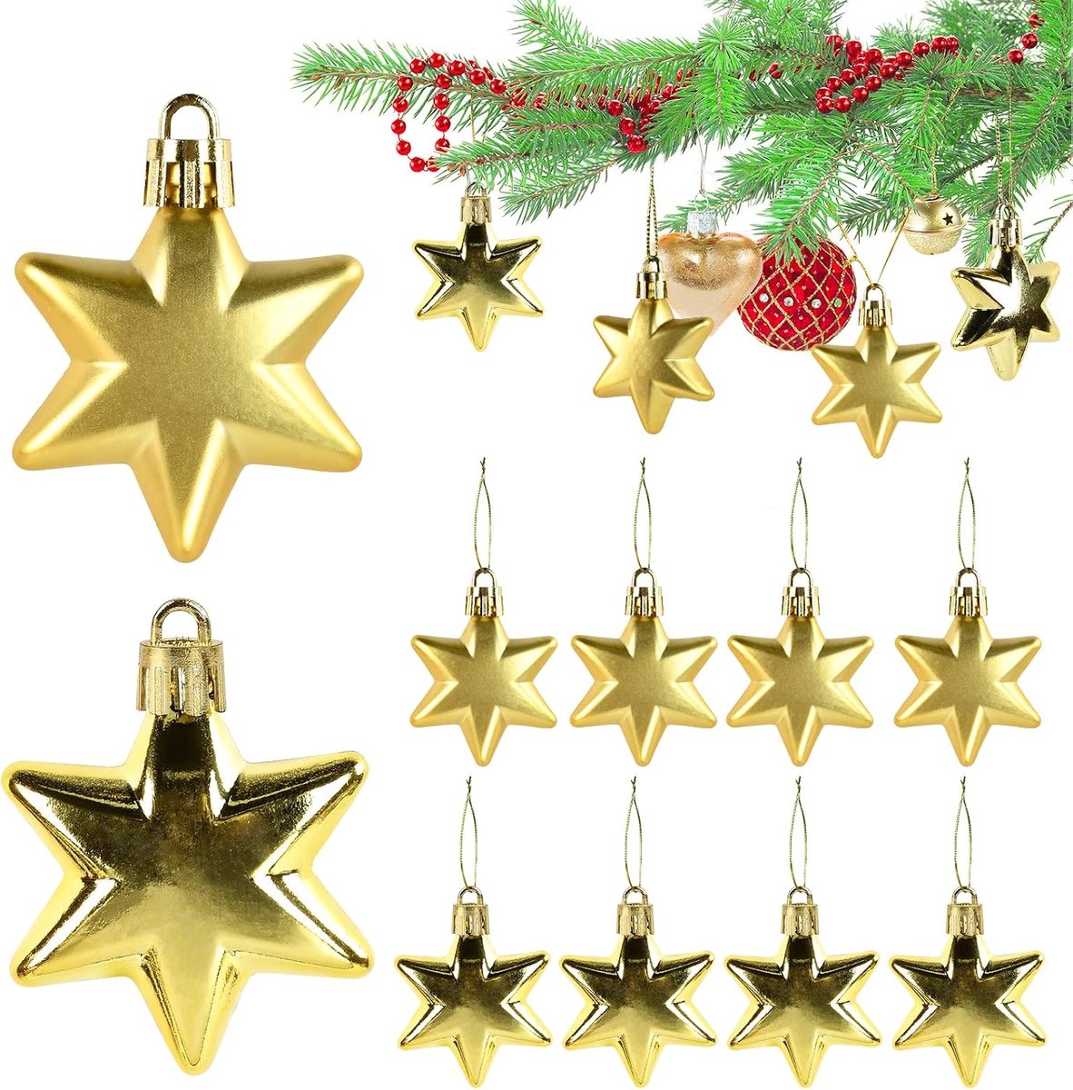 Kerstboomdecoraties set van 12 - gouden sterren - matte en glanzende afwerking - voor sfeervolle kerstversiering - ShopVlot
