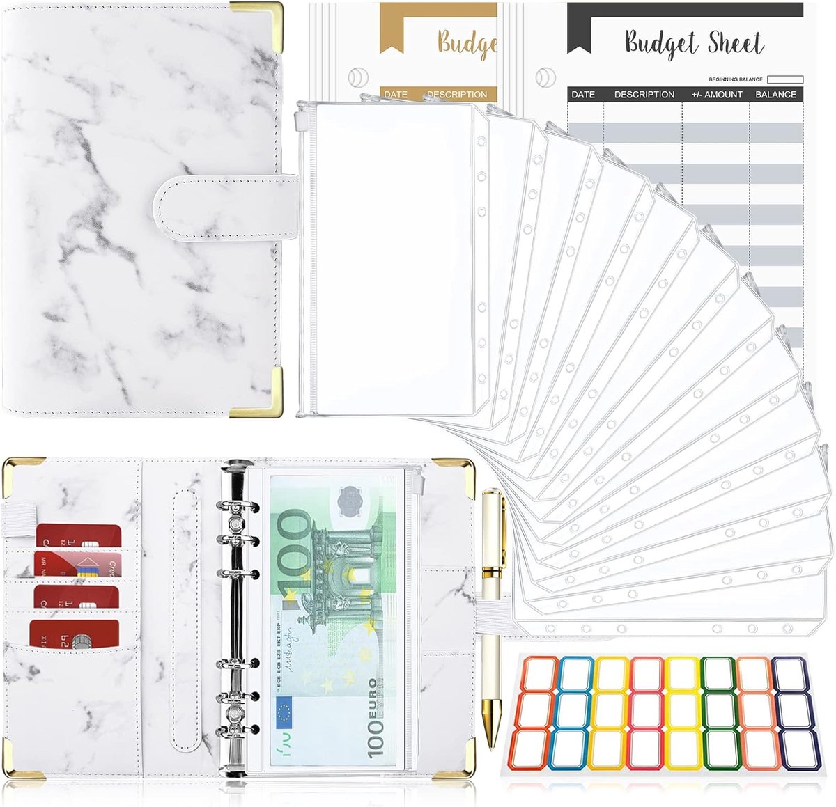 SnelShoppen - Budget Planner A6 Geld Organiser met Zachte PVC Tas, 6-Gat Leren Ringband, Notitieboek, Cash Stuffing, Huishoudboek met Geld Compartimen