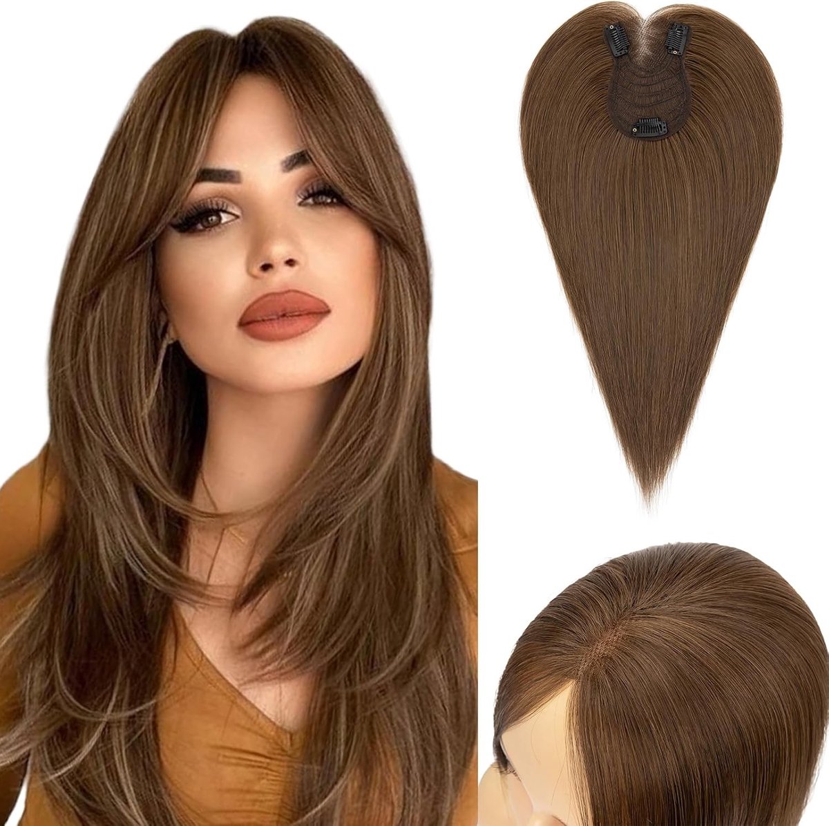 Zijdeachtige Clip-in Haarstuk voor Vrouwen, 27g Zijscheiding van Echte Haar, Ideaal voor Dun Haar, Handgevlochten Basis, 25CM Medium Bruin Haaraccessoire