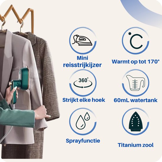 Groen reisstrijkijzer met 60ml watertank, sprayfunctie en titanium zool. Warmt op tot 170°C.