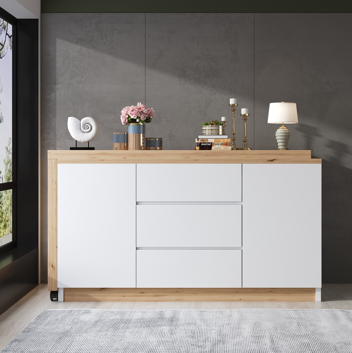 COVREO Bureau 120x50 cm wit en eiken, spaanplaat met 3 lades en wielen