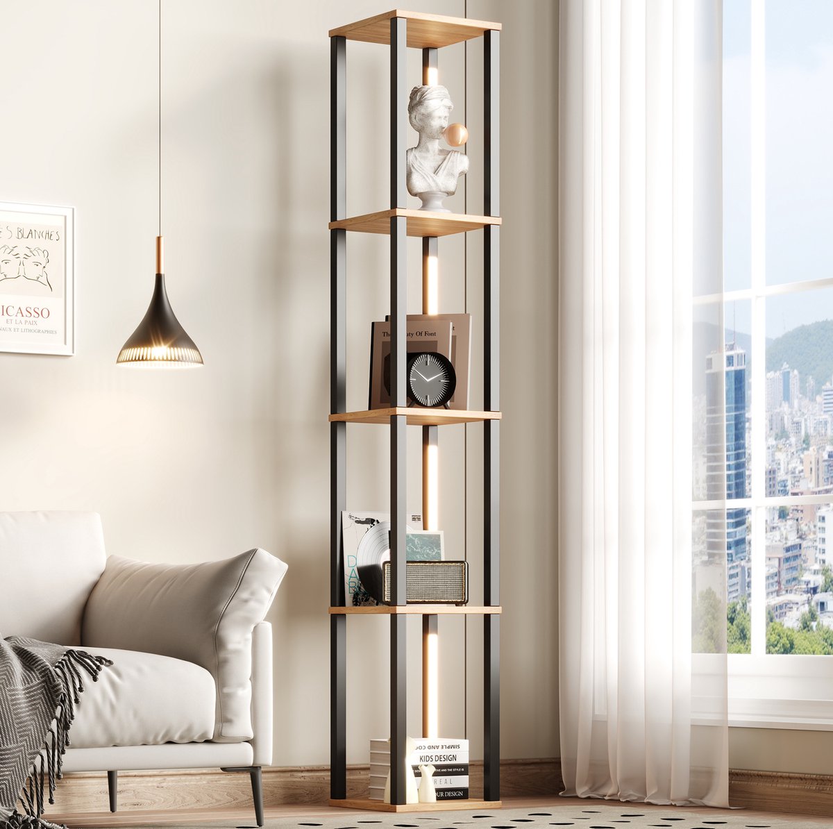 COVREO Boekenkast 26x26x165 cm zwart, MDF met 4 open opbergvakken