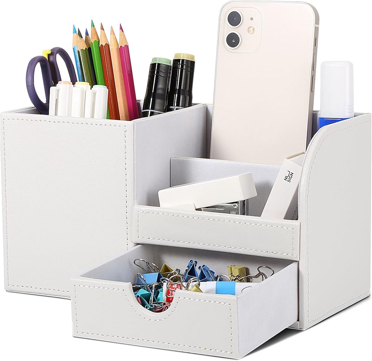 SnelShoppen - Multifunctionele Bureau Organizer Penhouder PU Leder Wit - Desk Organizer voor Pennen, Scharen, Calculator, Mobiele Telefoon - Desktop A