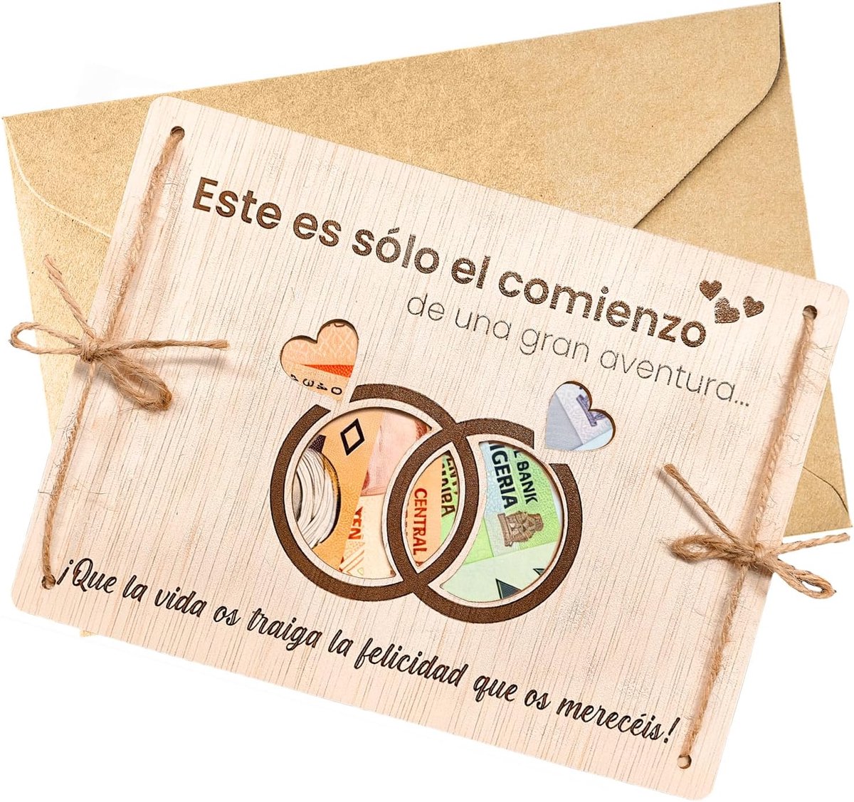 SnelShoppen - Geldcadeau Bruiloft van Hout met Envelop, Gepersonaliseerd Huwelijksgeschenk voor Koppels, Creatieve Cadeauverpakking voor Trouwen
