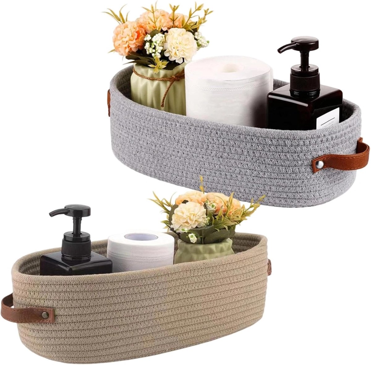 Gevlochten mand 28 x 10 x 10 cm - katoenen touw - met handgrepen - ideaal voor opberging in badkamer - ShopVlot