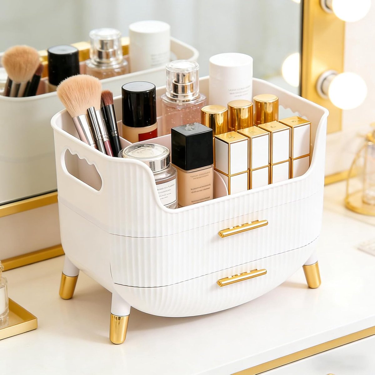 SnelShoppen - Cosmetic Makeup Organizer met 2 Lades, Antislip Make-up Organizer voor Skincare en Schoonheid, Wit, Perfect voor Slaapkamer en Badkamer