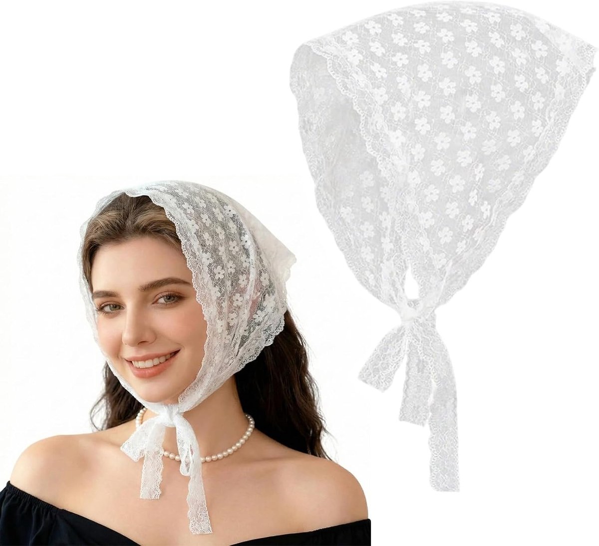 White Floral Lace Headscarf Women Cotton Triangle Scarf with Floral Pattern - ShopVlot