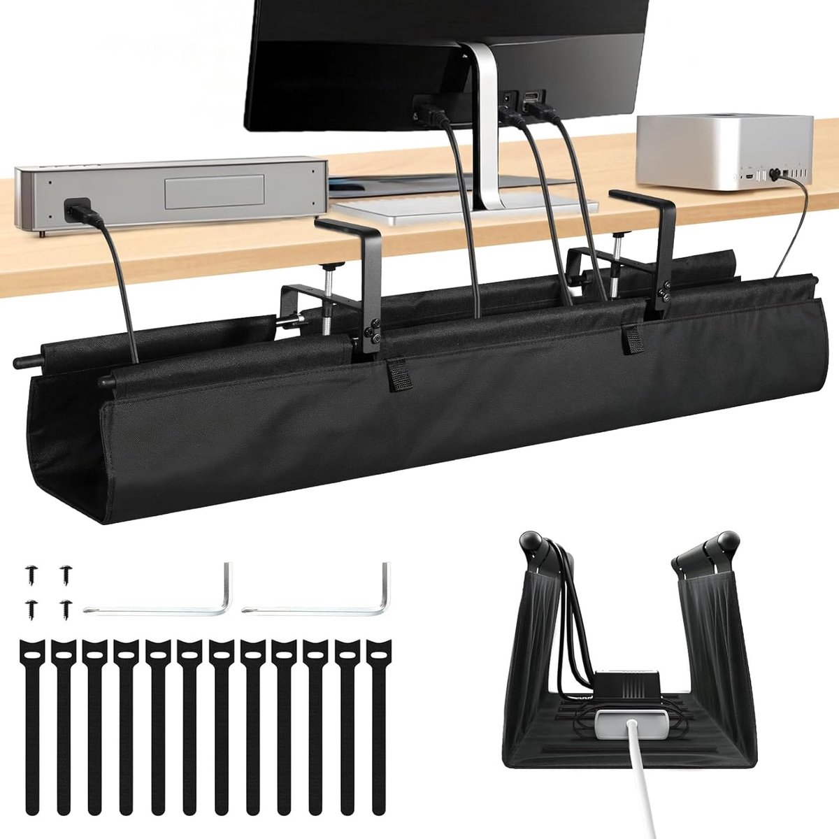 SnelShoppen - Kabelmanagement Bureau Goot 90 cm - Dubbellaagse 600D Oxford Stof - Flexibele Organizer met Klemmen en Schroefmontage - Inclusief 12 Kab