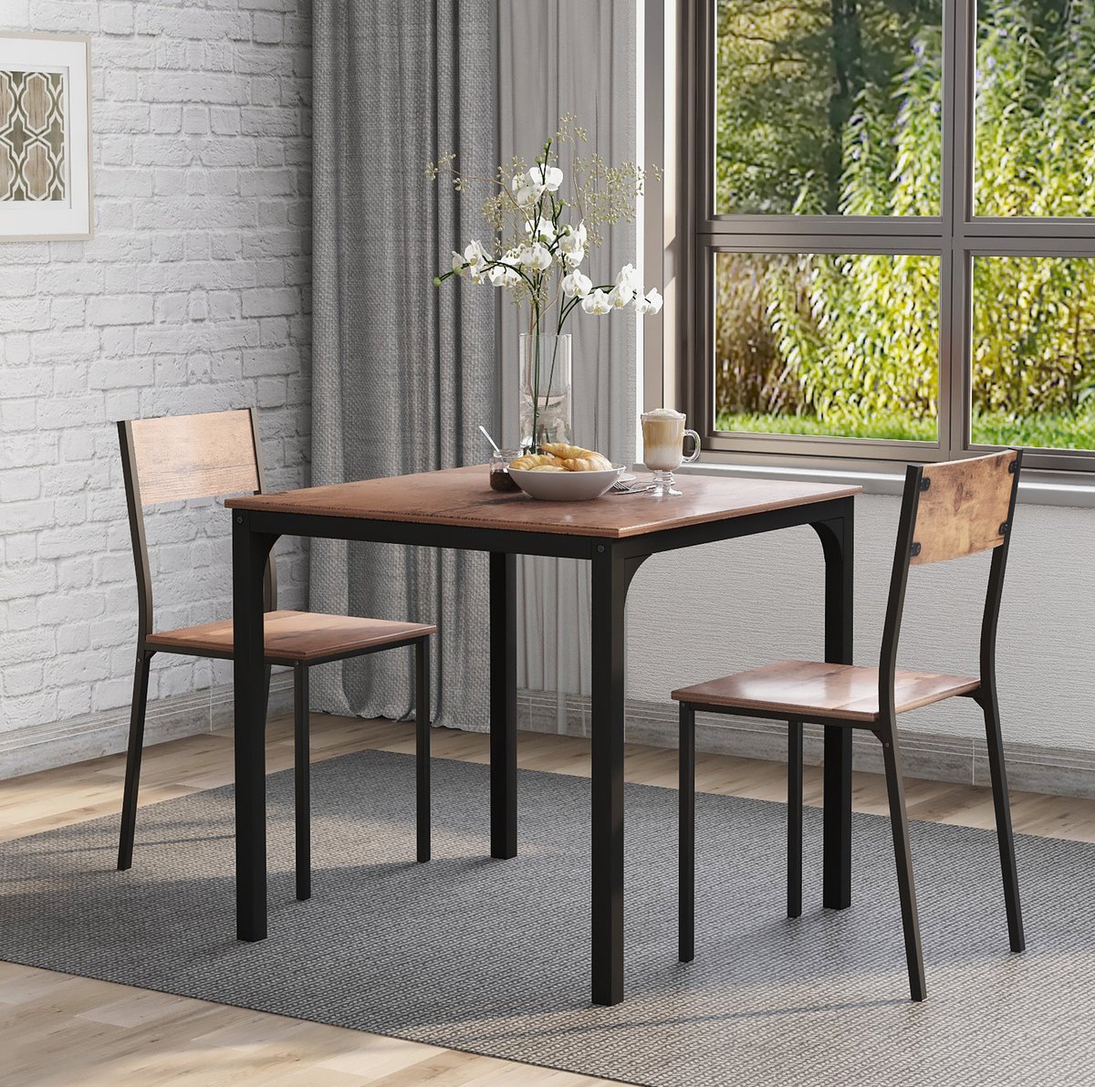 COVREO Eetkamerset 70x70 cm bruin, metaal en hout met 2 stoelen