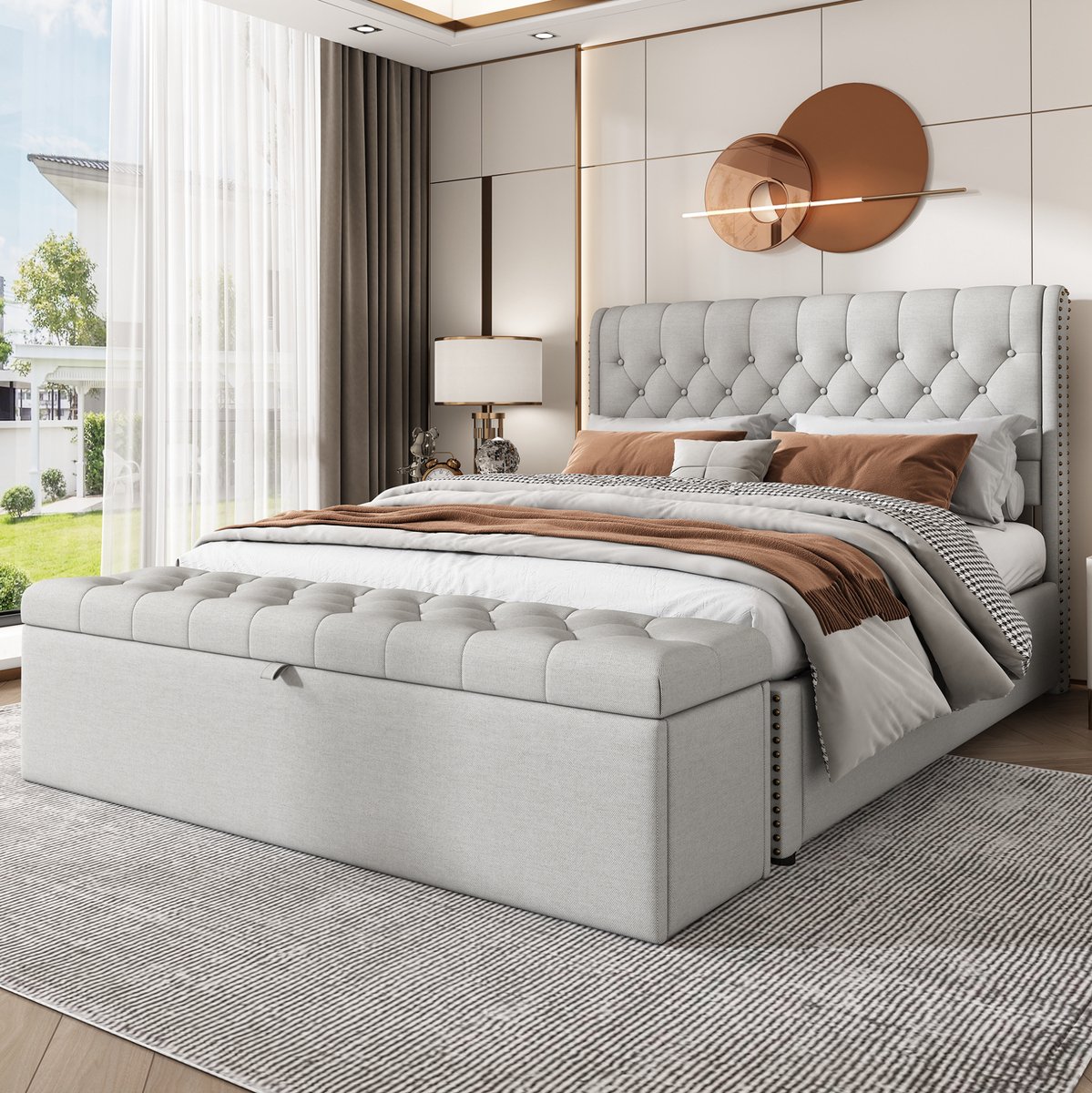 COVREO Bedbank 141x41,5x47 cm lichtgrijs, linnen met opbergruimte