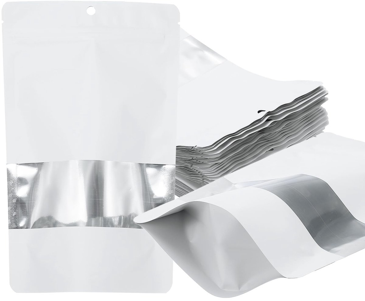 Omgoods - 60 Resealable Matte Metallic Voedselzakken met Venster en Rits, Wit