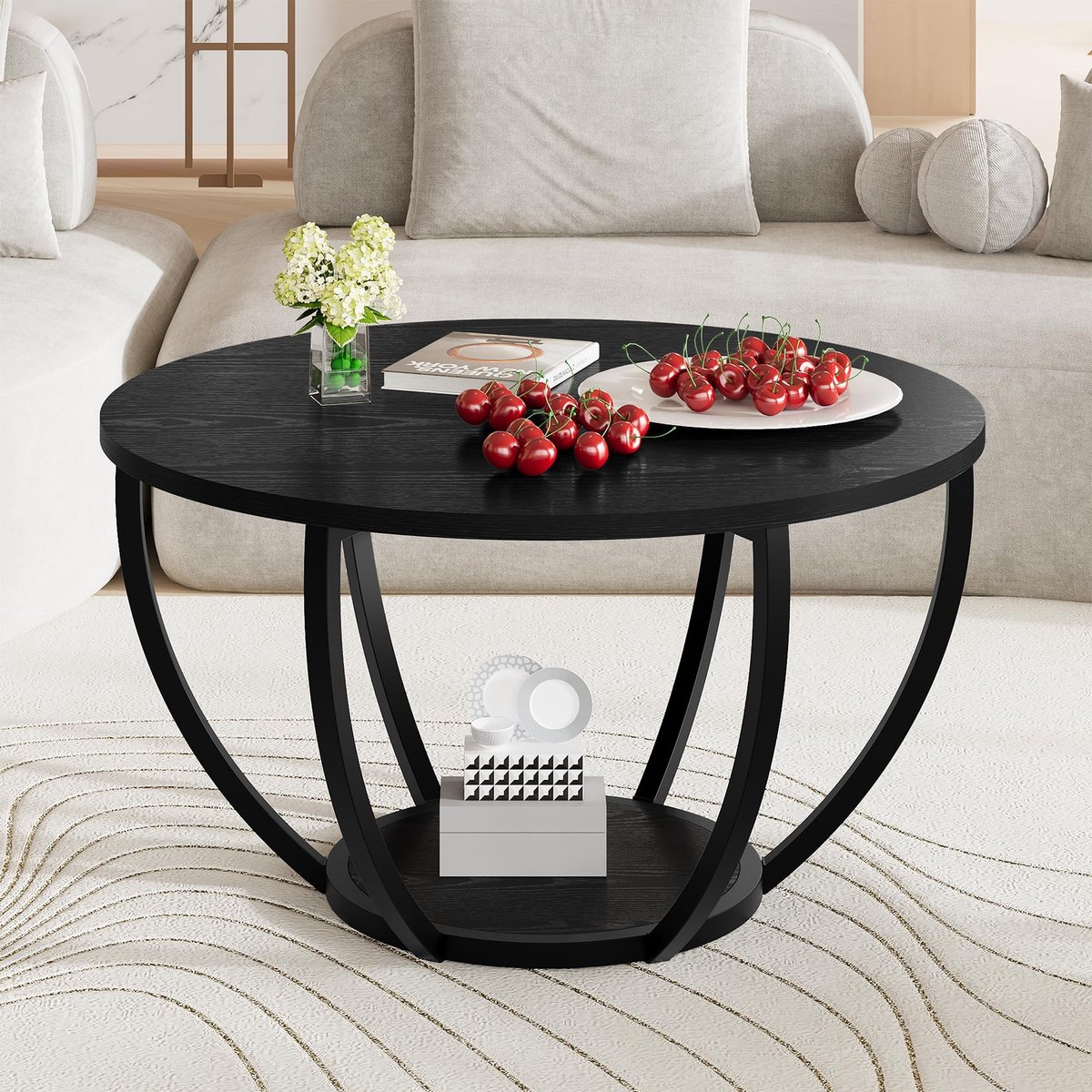 Omgoods - Ronde Salontafel met Opslagplank voor Woonkamer