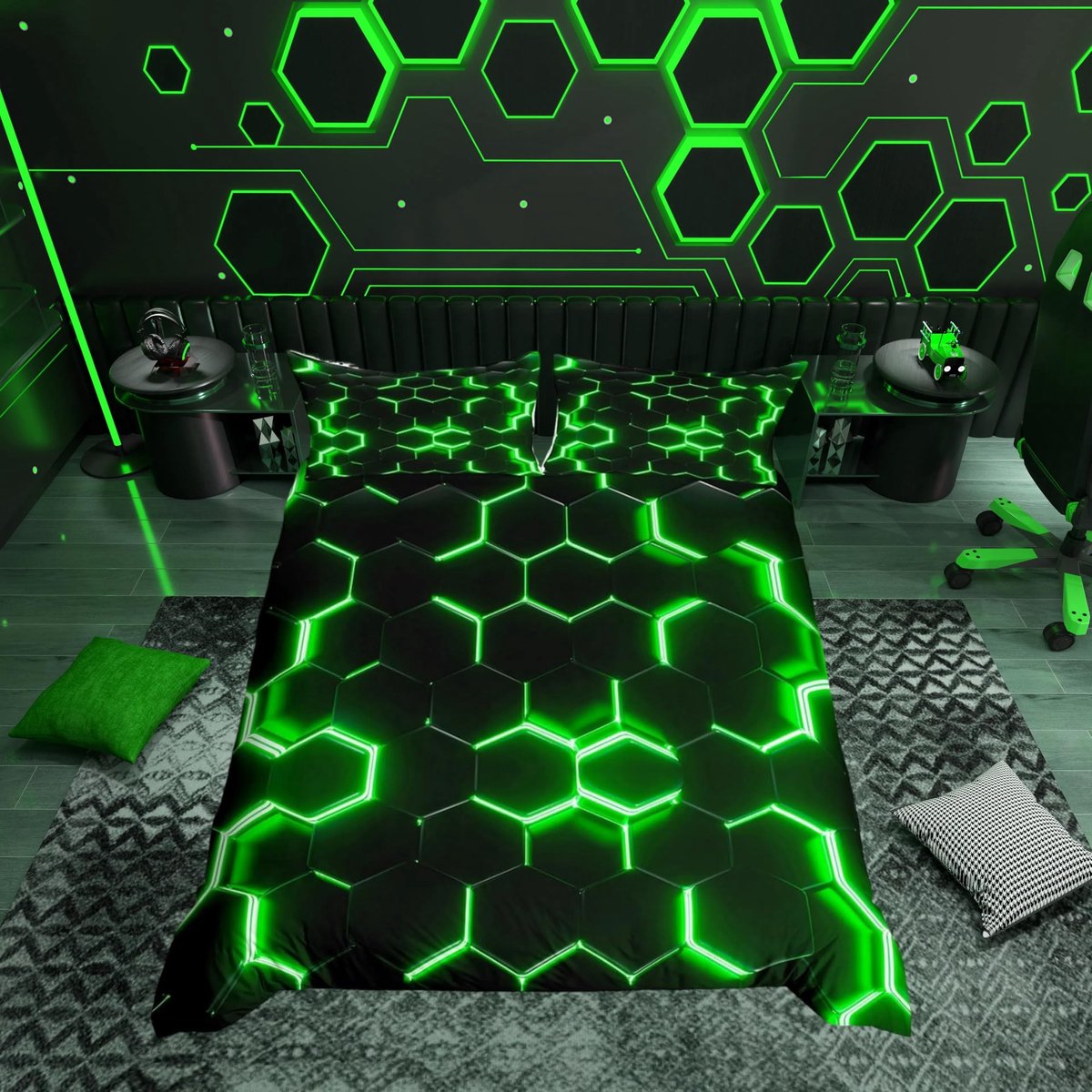 Omgoods - Geometrische Bedlinnen Set voor Kinderen - Neon Hexagon Dekbedovertrek met Kussensloop