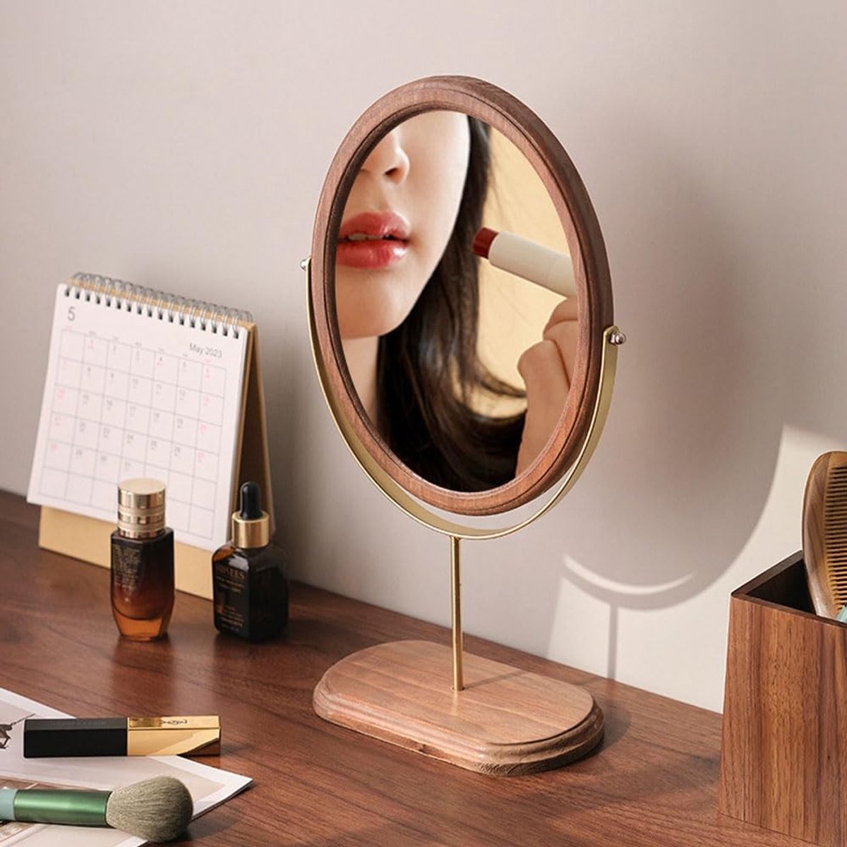 Omgoods - Houten Taf spiegel met Stand - Ovalen Tafelspiegel Goud-Lichtbruin