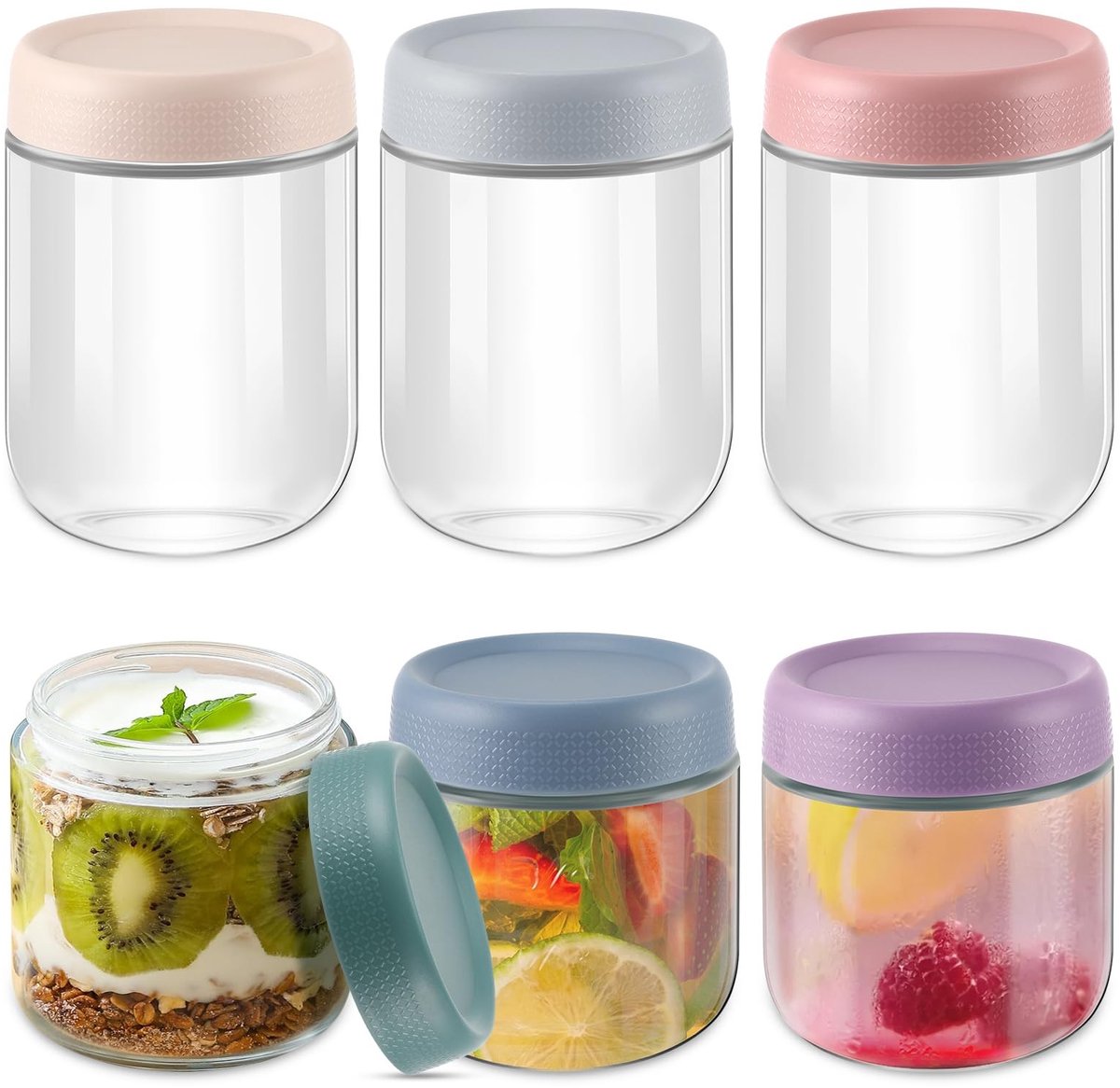 Omgoods - Set van 6 Glazen Potten met Deksel voor Oats en Yoghurt