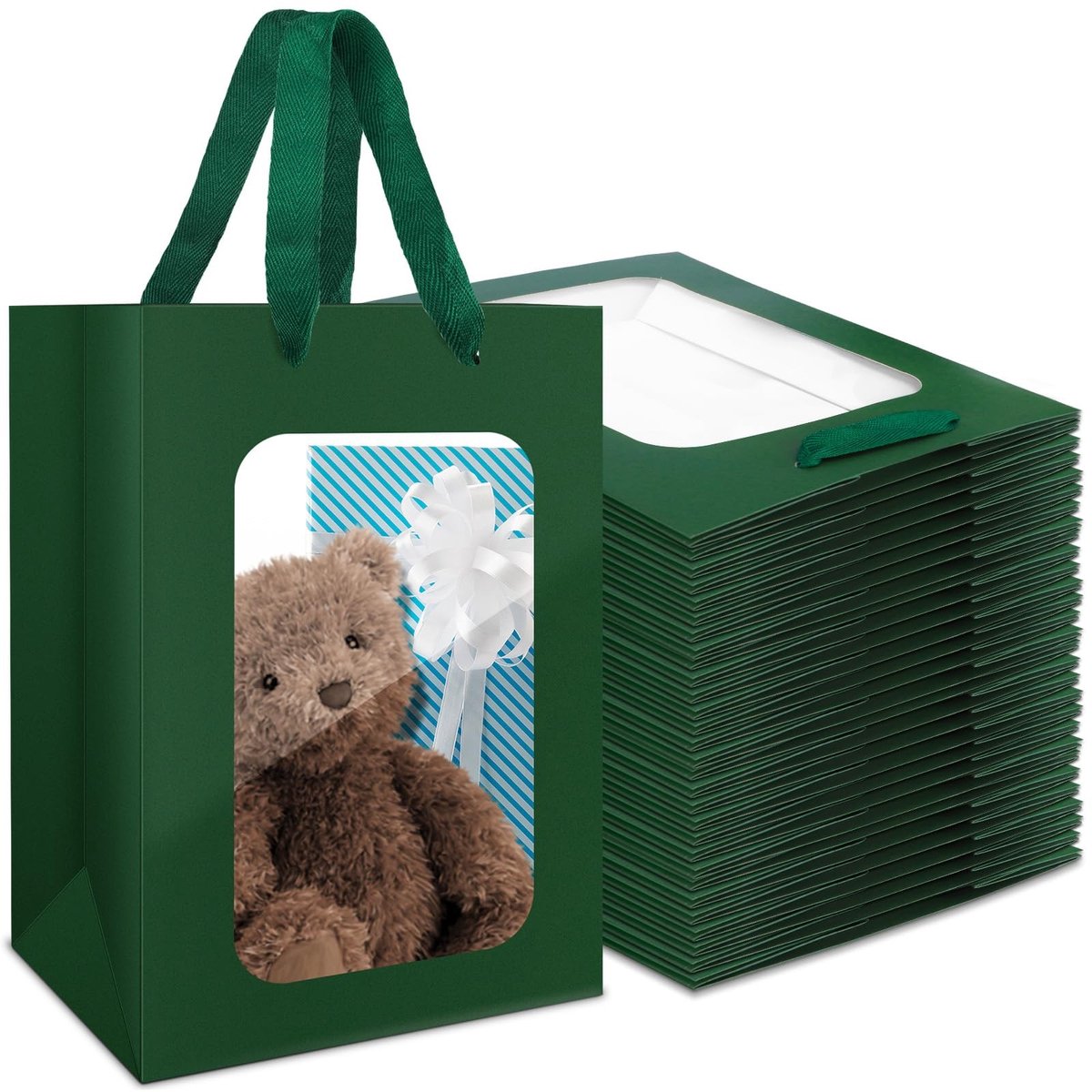 SnelShoppen - 50 Stuks Donkergroene Cadeautassen met Venster - 230GSM Papieren Tassen met Handvatten - 20x16x30cm - Duurzame Feesttassen voor Cadeaus