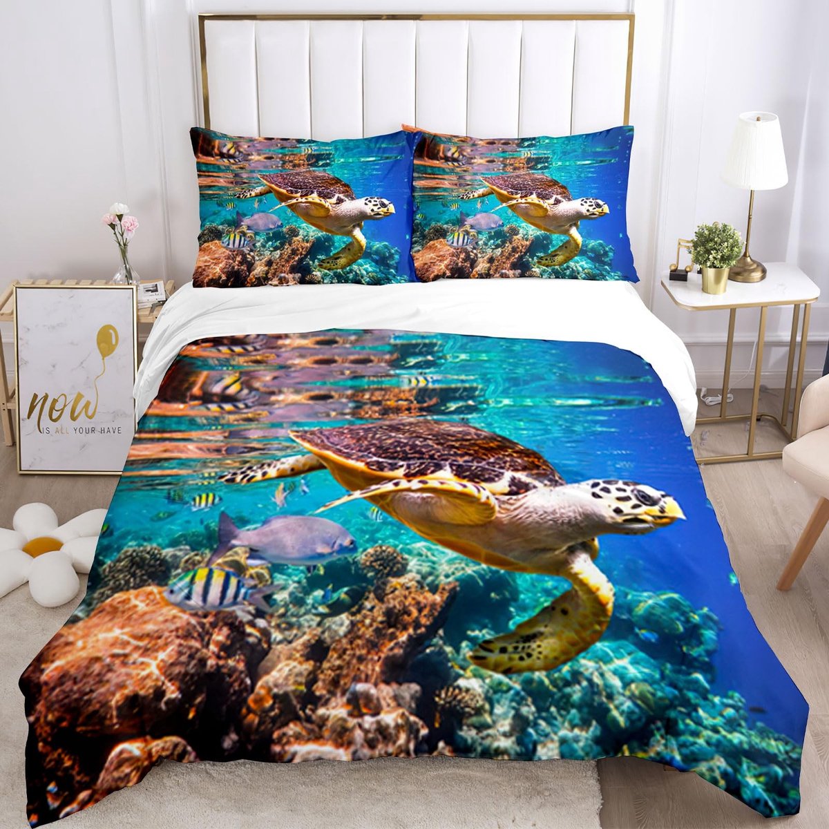 Omgoods - Onderwater Wereld Dekbedovertrek Set 220x240 cm - 3D Dolfijnen en Koraal voor Kinderen