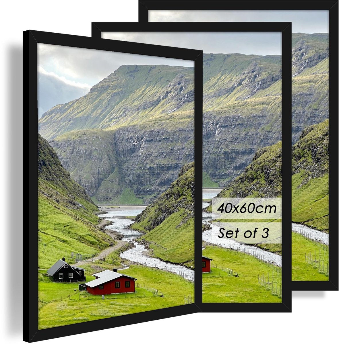 Omgoods - Set van 3 Fotolijsten 40 x 60 cm - Zwart Houten Lijsten voor Foto's