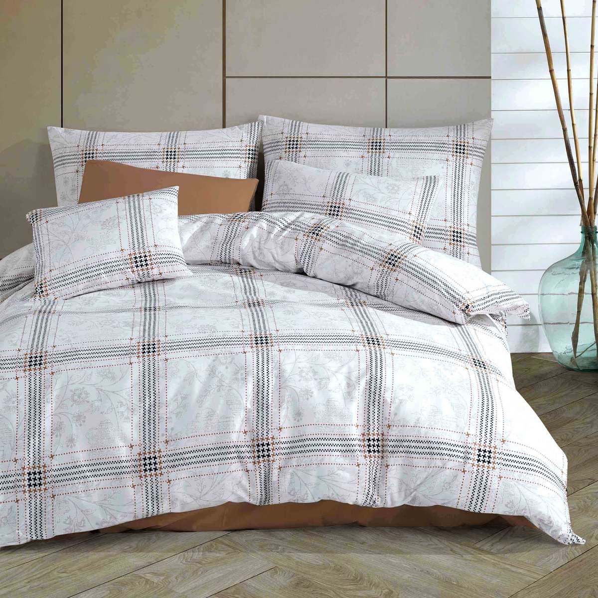 Luxe Katoenen Dekbedovertrekset Ranforce QUATRE – 160x200 cm – Grote Ruit Lichtgrijs – 100% Katoen – Darymex