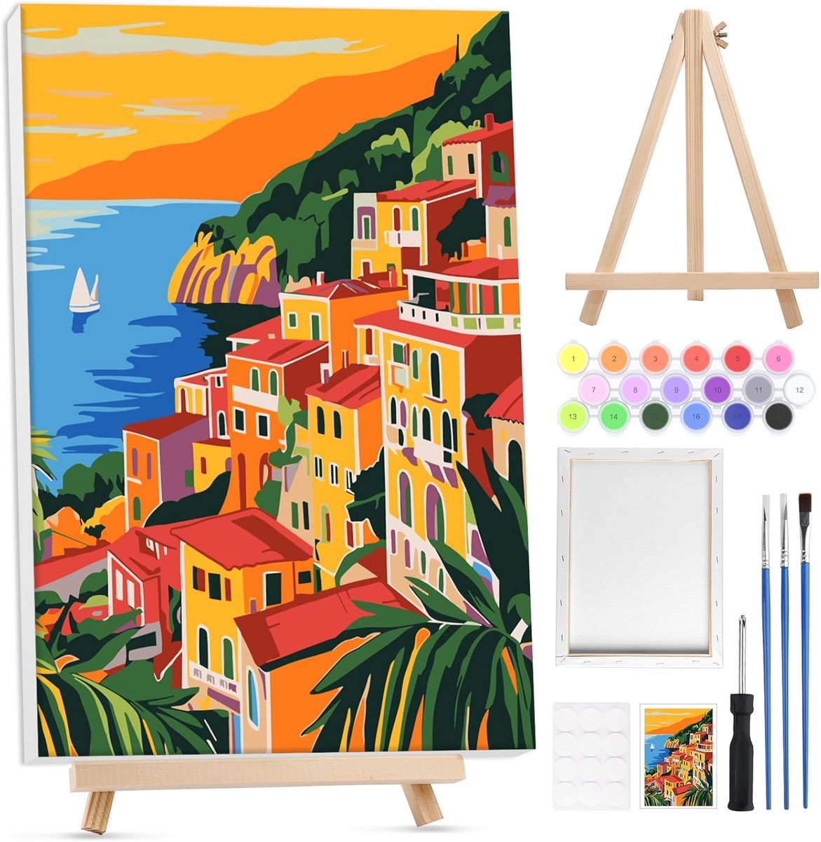 SnelShoppen - Schilderen op nummer set voor volwassenen en kinderen met houten lijst, schilderij landschap met houten easel, DIY set met penseel en ac