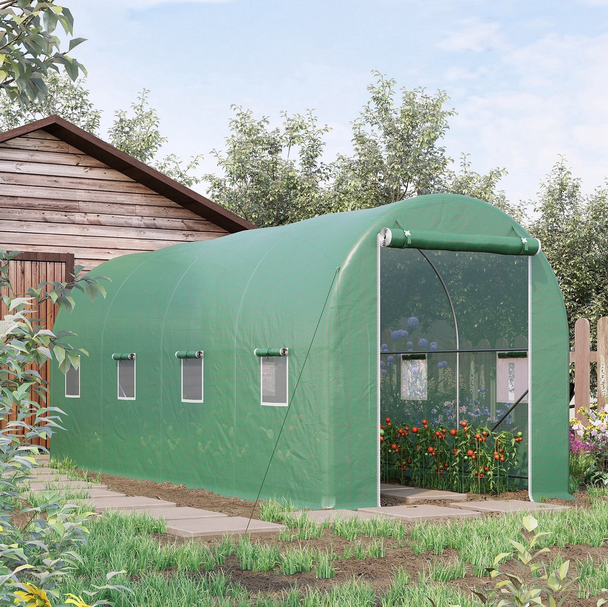 COVREO Tunnelkas 500x200x205 cm groen, staal en PE-folie met ramen