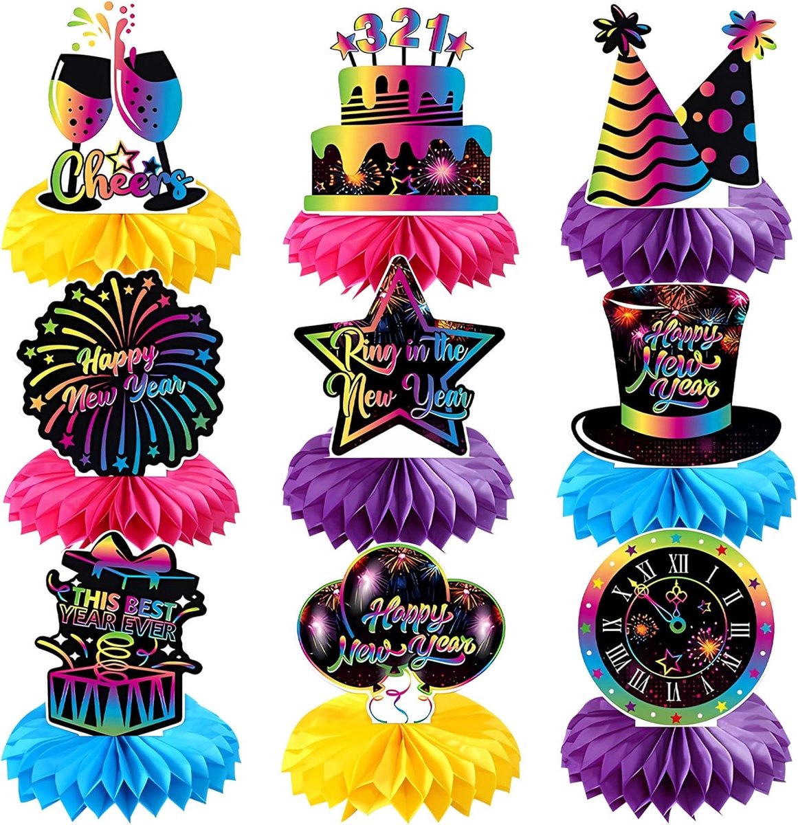 SnelShoppen - Feestelijke Tafeldecoratie Nieuwjaar Honeycomb 9 Stuks Kleurrijke Papieren Centerpieces voor Oud en Nieuw Party Decoratie