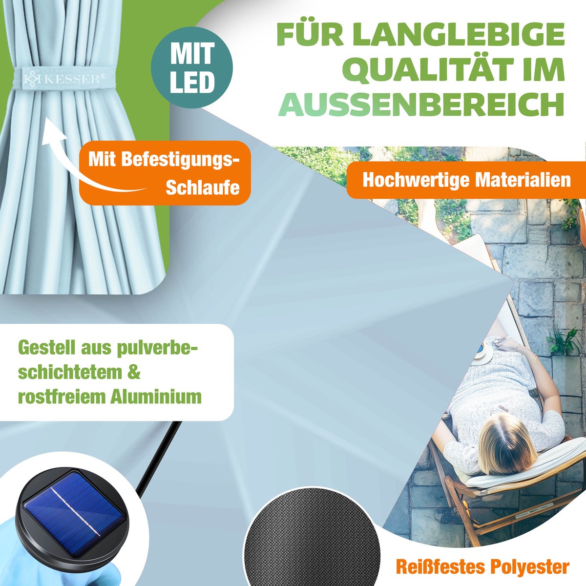 KESSER® Zweefparasol Holly – Parasol met hoes, windbescherming en zwengel – UV-bescherming, aluminium, waterafstotend – Tuinparasol Marktparasol – Lichtblauw/Zwart thumbnail 6