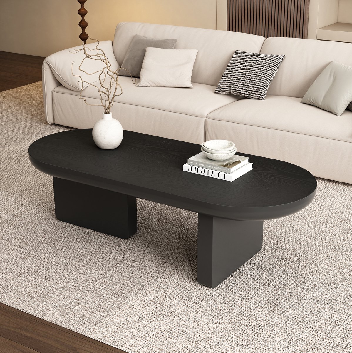 FloraGrace Salontafel - Ovale Minimalistische Koffietafel Voor Woonkamer - Mat Zwart MDF - 119,7 x 49,8 x 35,5 cm