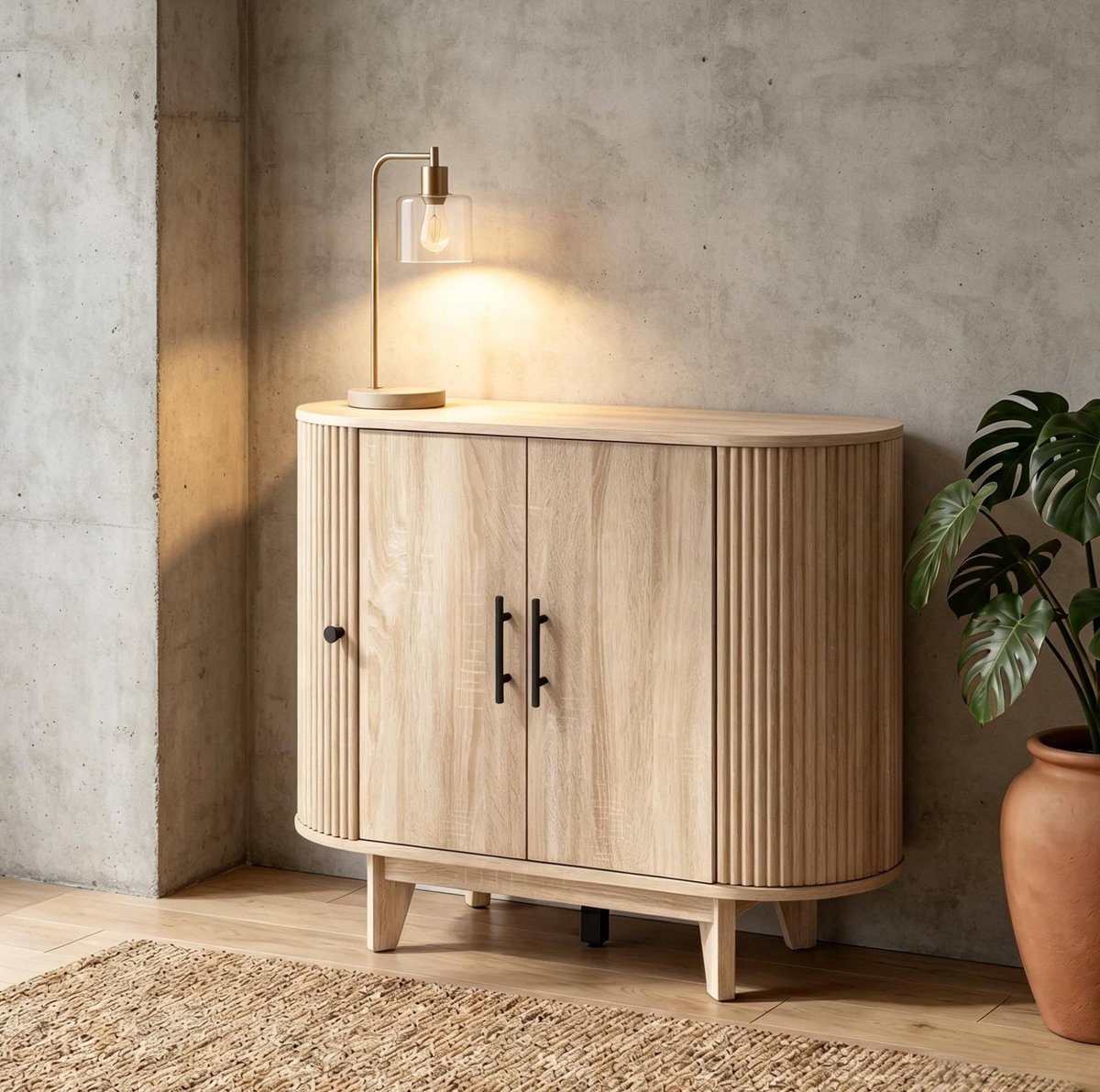 FloraGrace Dressoir - Ovale Opbergkast Met Verstelbare Plank En 2 Deuren - Voor Woonkamer, Eethoek En Hal - MDF En Staal - 90x40x76 Cm - Naturel