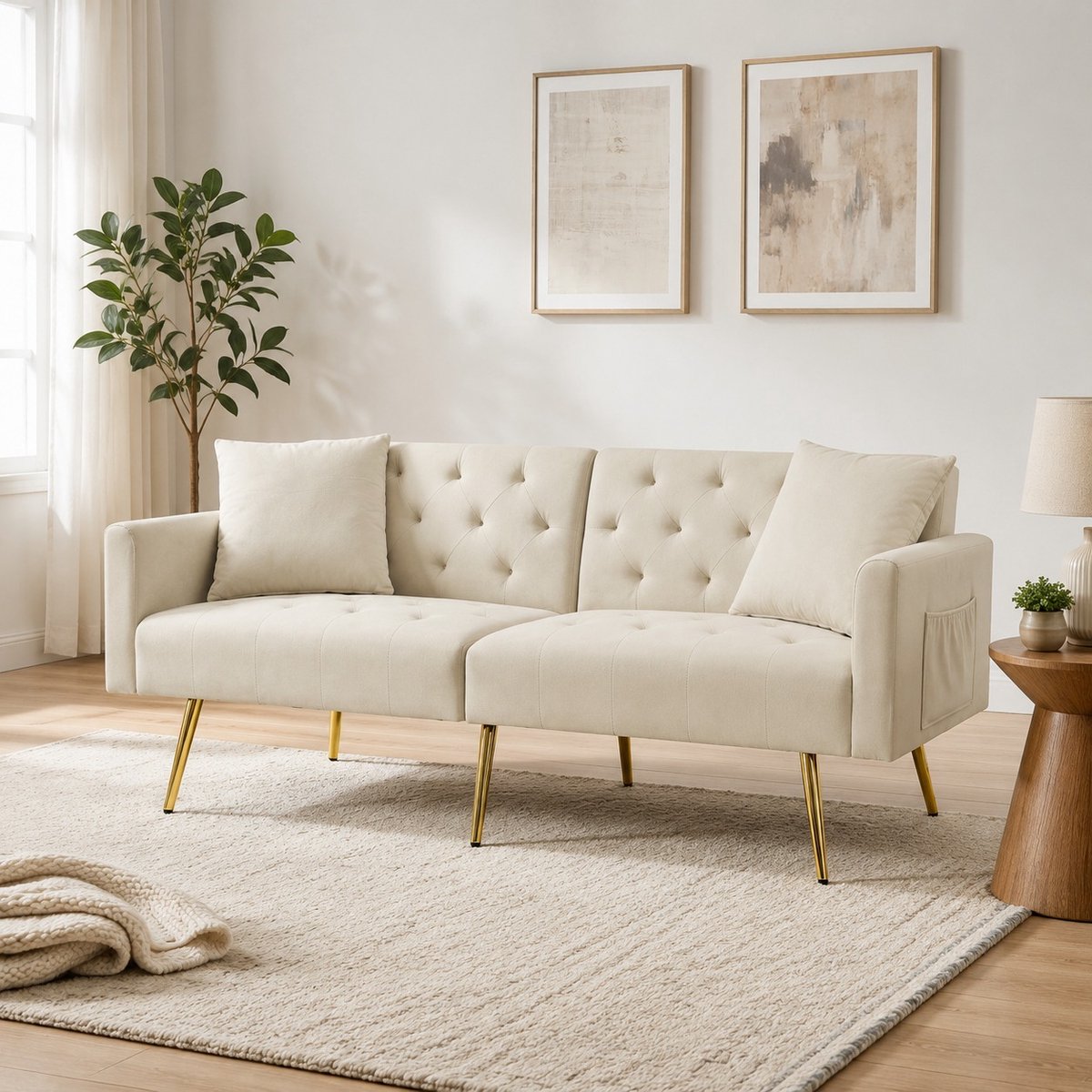 MODENUIT Slaapbank 177 x 78 x 74 cm - 3-Standen Rugleuning, 2 Kussens - Woonkamer - Fluweel Beige