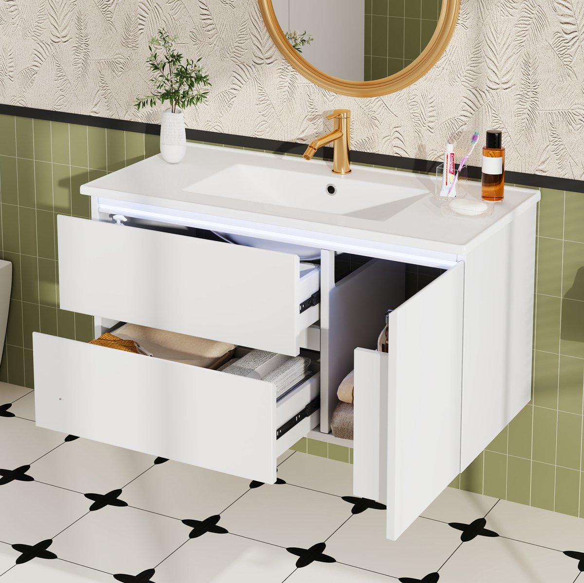 COVREO Waschtischunterschrank 91,5 x 46,5 x 50,5 cm wit, MDF met keramiek en LED-lamp