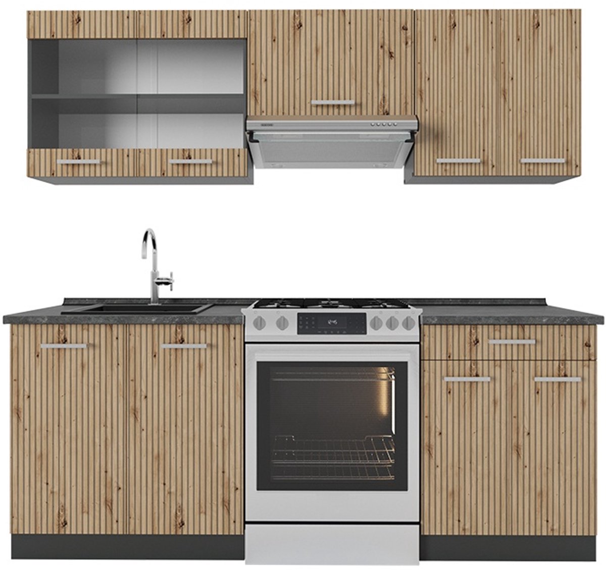 Vicco R-Line Complete keukeneenheid – 200 cm, WB Antraciet Artisanaal eiken/antraciet