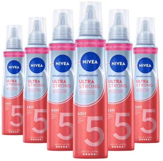 Zes NIVEA Ultra Strong styling mousse flessen, gerangschikt in een rij op een witte achtergrond.