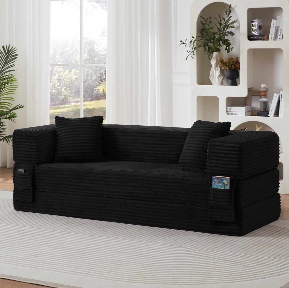 MODENUIT Slaapbank 200 cm - Om te Vormen tot Bed - Voor Appartement en Woonkamer - Stof Zwart