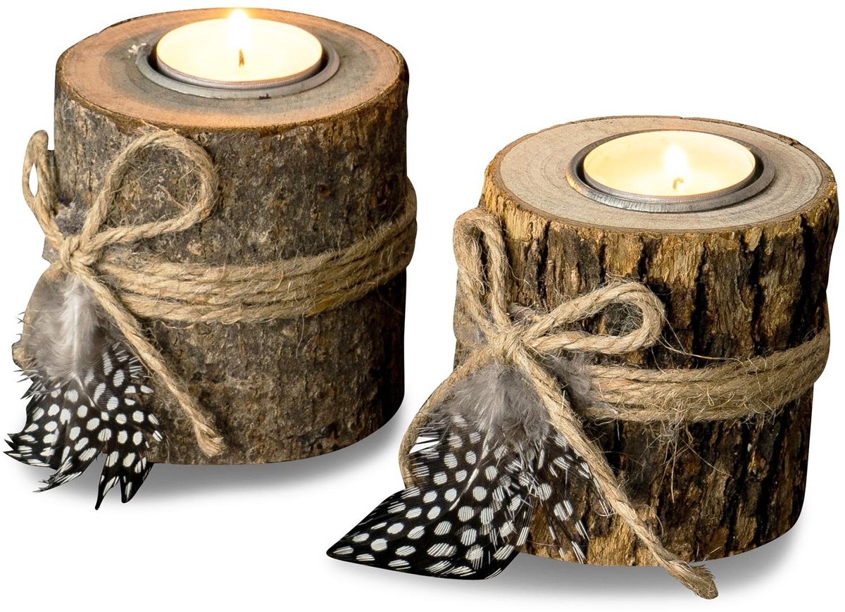 Omgoods - Set van 2 Houten Theelichthouders met Veren