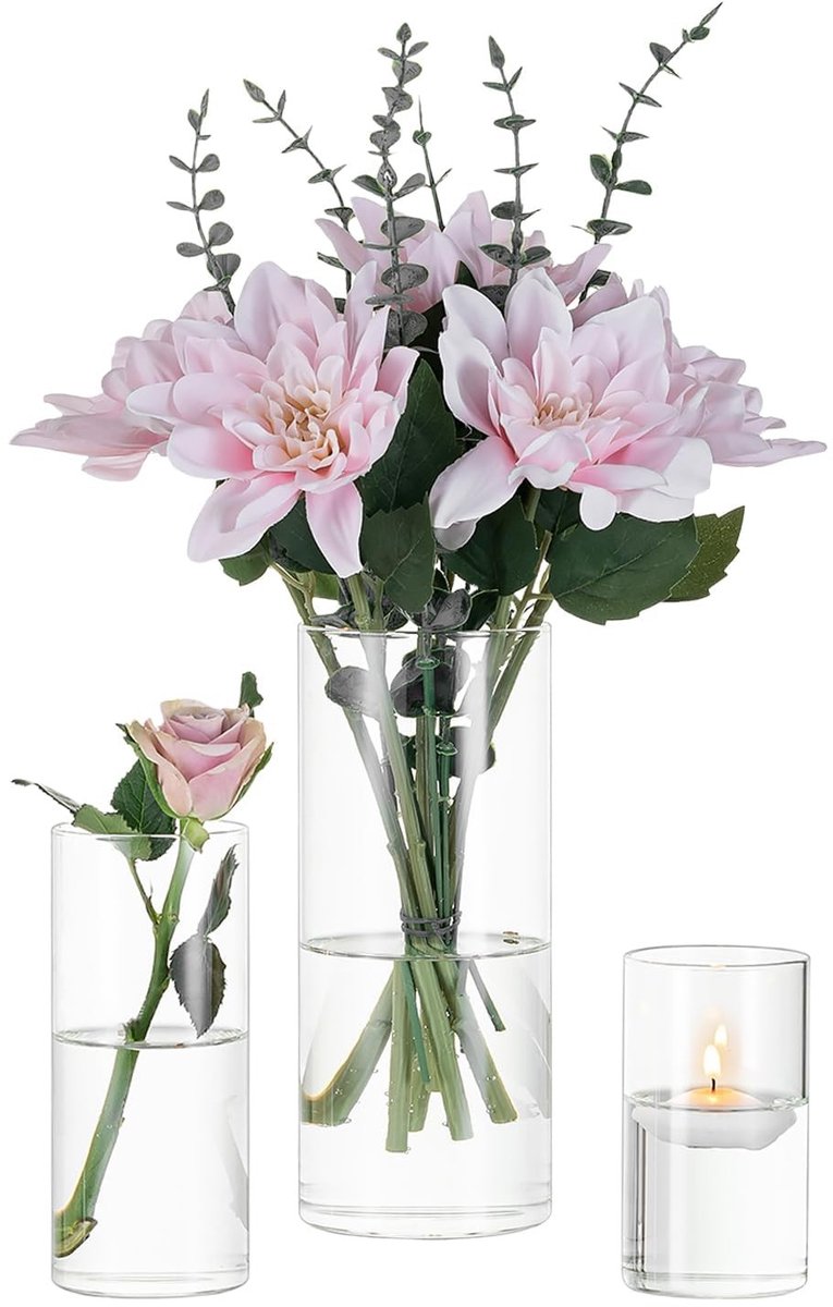 Omgoods - Set van 3 Heldere Glazen Vazen voor Tafeldecoratie 10/15/20 cm